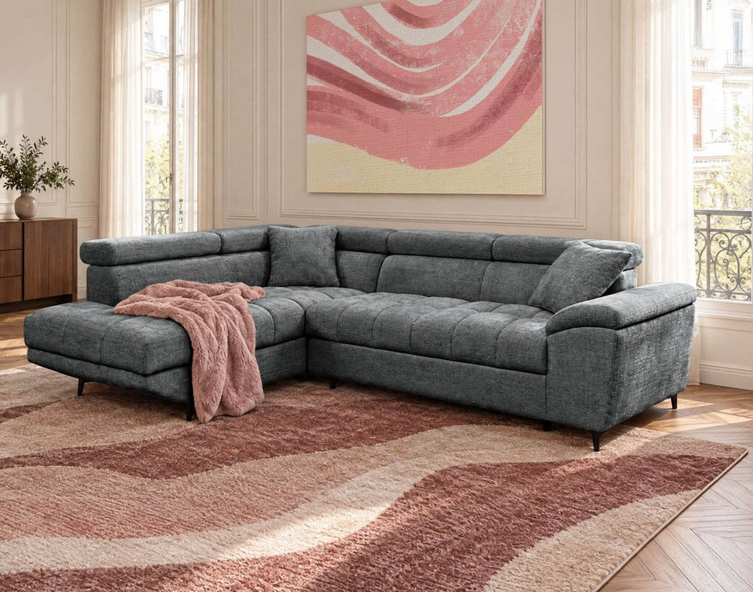 Canapé CAMILLE d'angle gauche 5 places convertible avec têtières et coffre en velours texturé | Best Mobilier