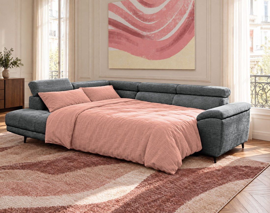 Canapé CAMILLE d'angle gauche 5 places convertible avec têtières et coffre en velours texturé | Best Mobilier