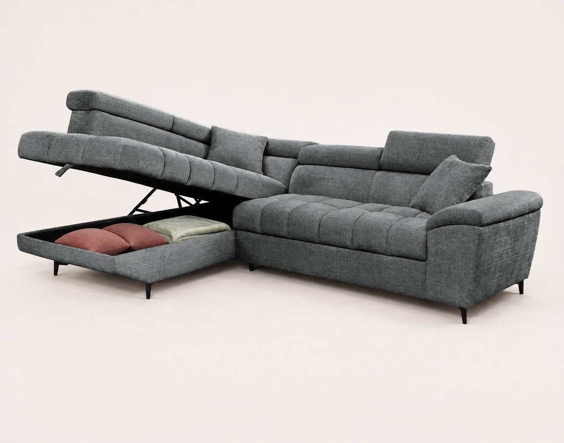 Canapé CAMILLE d'angle gauche 5 places convertible avec têtières et coffre en velours texturé | Best Mobilier