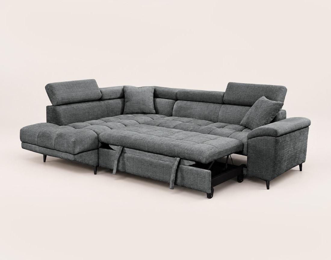 Canapé CAMILLE d'angle gauche 5 places convertible avec têtières et coffre en velours texturé | Best Mobilier
