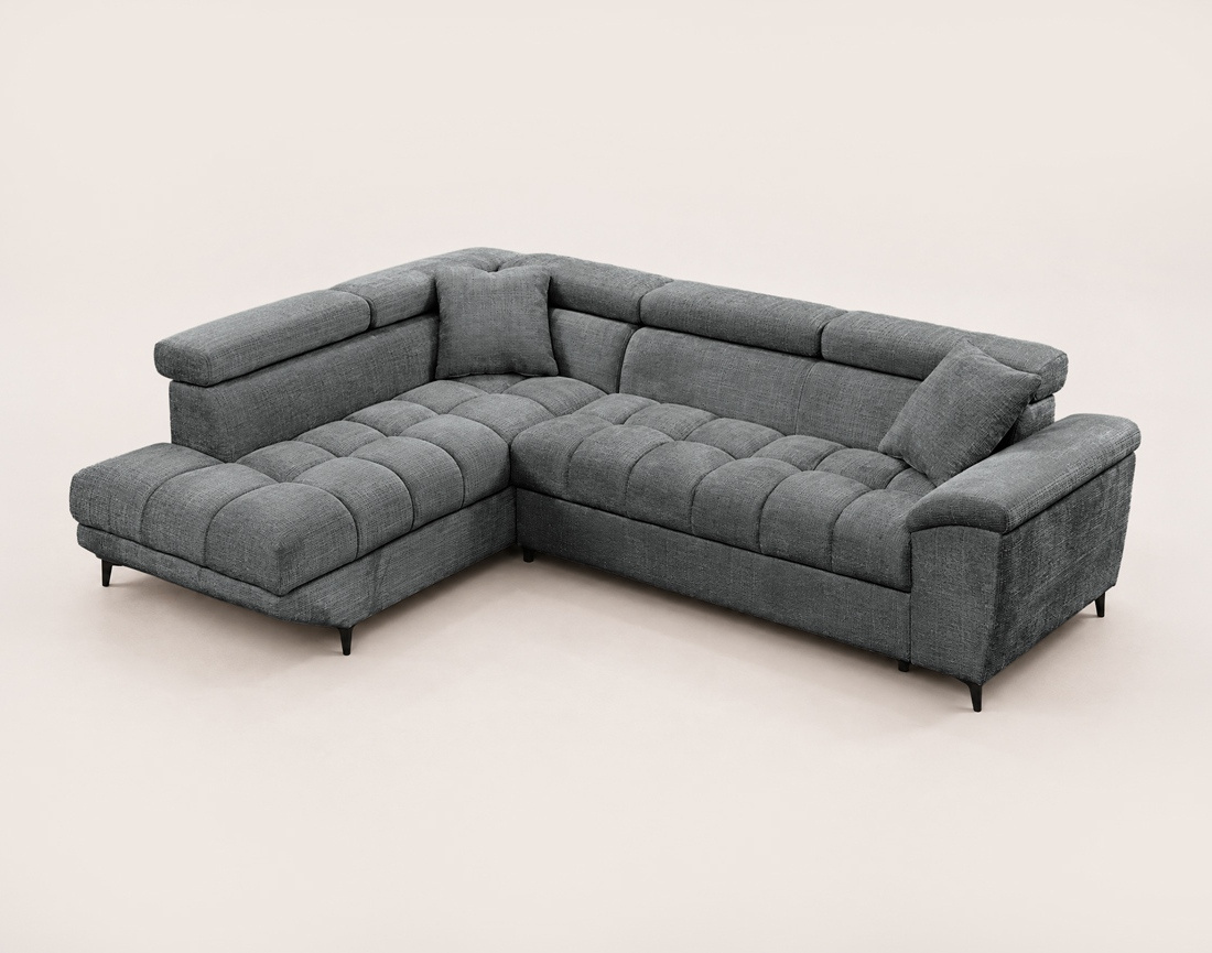 Canapé CAMILLE d'angle gauche 5 places convertible avec têtières et coffre en velours texturé | Best Mobilier