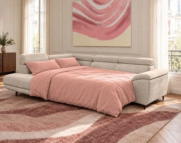 Canapé CAMILLE d'angle gauche 5 places convertible avec têtières et coffre en velours texturé | Best Mobilier