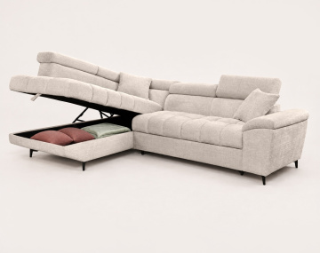 Canapé CAMILLE d'angle gauche 5 places convertible avec têtières et coffre en velours texturé | Best Mobilier