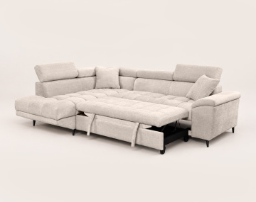 Canapé CAMILLE d'angle gauche 5 places convertible avec têtières et coffre en velours texturé | Best Mobilier