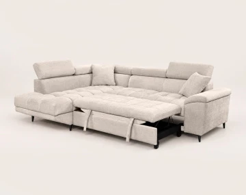 Canapé CAMILLE d'angle gauche 5 places convertible avec têtières et coffre en velours texturé | Best Mobilier