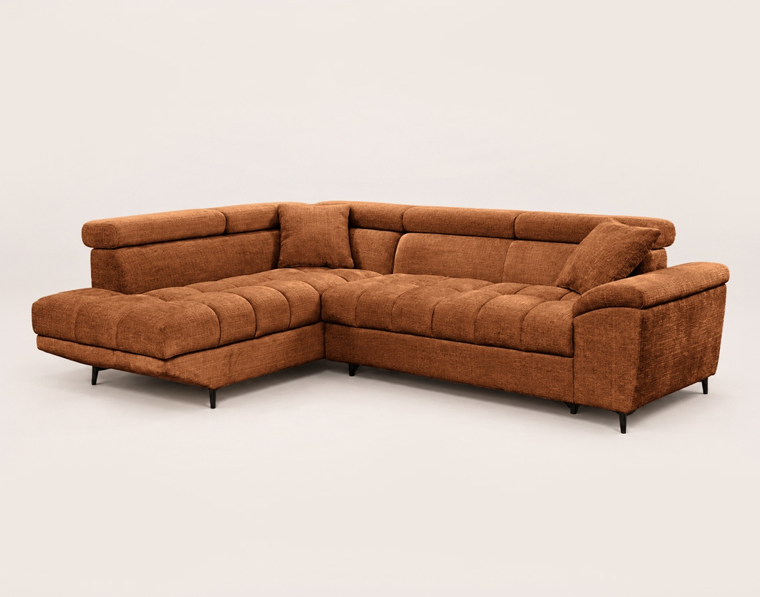 Canapé CAMILLE d'angle gauche 5 places convertible avec têtières et coffre en velours texturé | Best Mobilier
