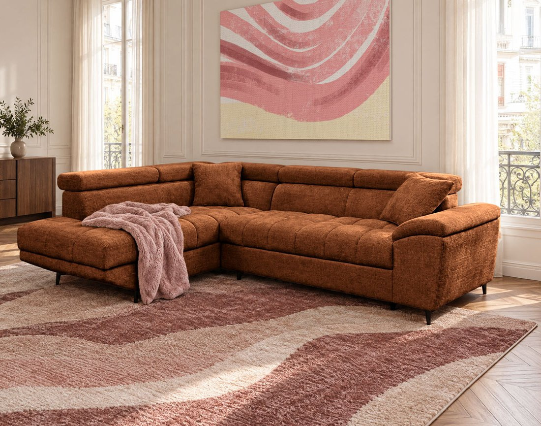 Canapé CAMILLE d'angle gauche 5 places convertible avec têtières et coffre en velours texturé | Best Mobilier