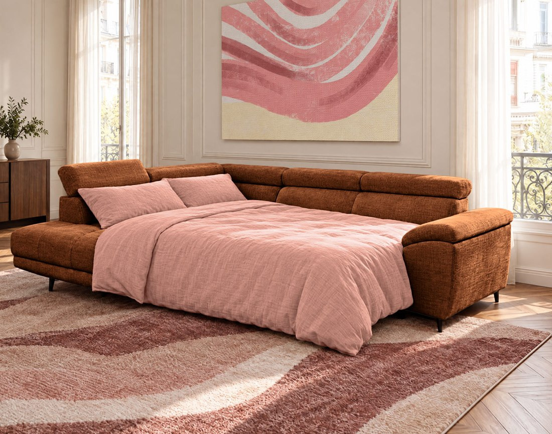 Canapé CAMILLE d'angle gauche 5 places convertible avec têtières et coffre en velours texturé | Best Mobilier