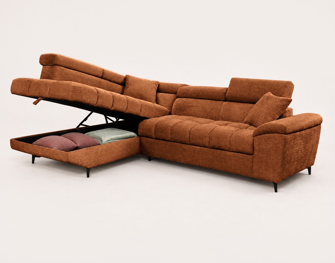 Canapé CAMILLE d'angle gauche 5 places convertible avec têtières et coffre en velours texturé | Best Mobilier