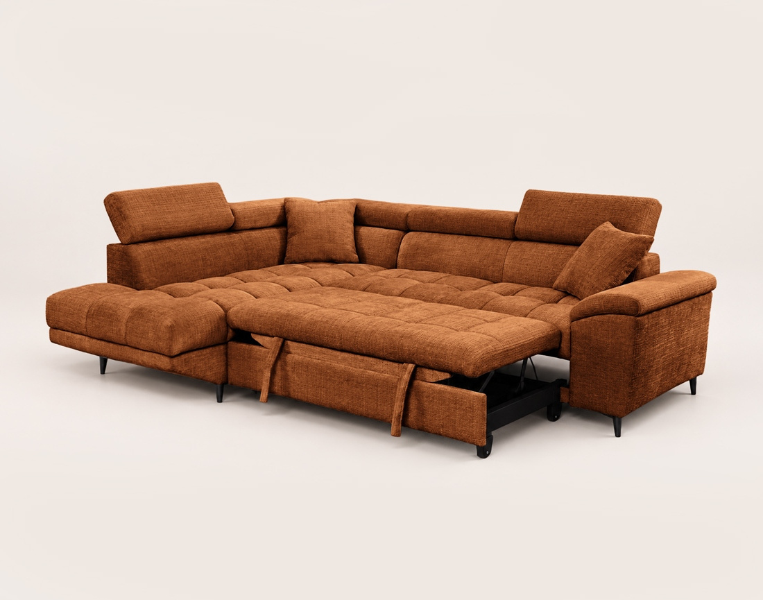 Canapé CAMILLE d'angle gauche 5 places convertible avec têtières et coffre en velours texturé | Best Mobilier