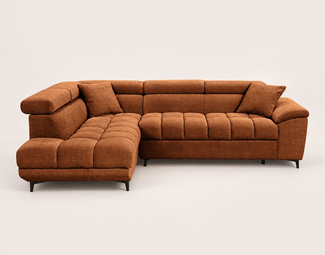 Canapé CAMILLE d'angle gauche 5 places convertible avec têtières et coffre en velours texturé | Best Mobilier