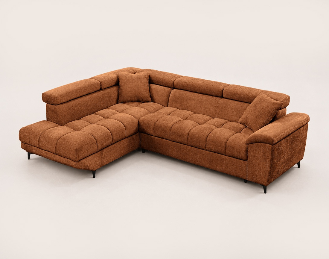 Canapé CAMILLE d'angle gauche 5 places convertible avec têtières et coffre en velours texturé | Best Mobilier