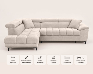 Canapé CAMILLE d'angle gauche 5 places convertible avec têtières et coffre en velours texturé | Best Mobilier