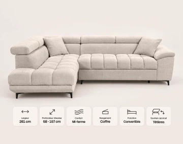 Canapé CAMILLE d'angle gauche 5 places convertible avec têtières et coffre en velours texturé | Best Mobilier