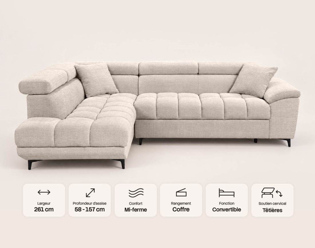 Canapé CAMILLE d'angle gauche 5 places convertible avec têtières et coffre en velours texturé | Best Mobilier