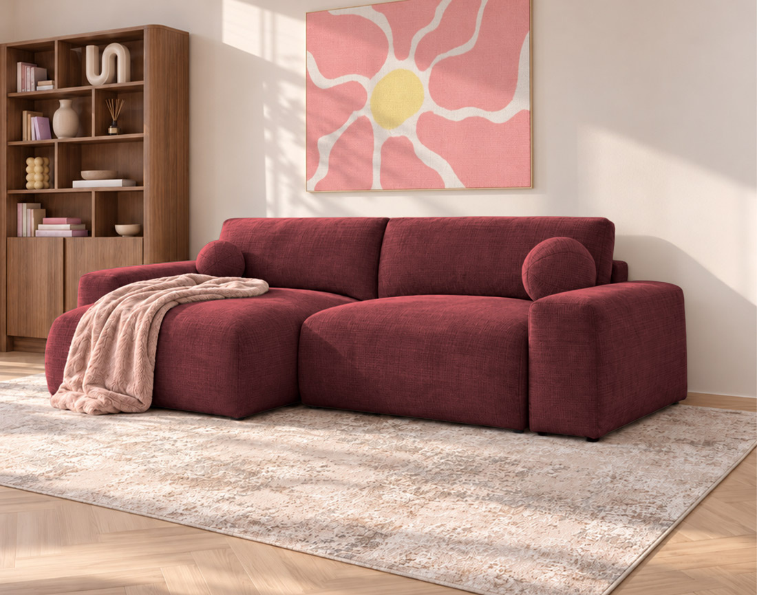 Canapé CONSTANCE d'angle réversible 4 places convertible avec coffre en velours texturé | Best Mobilier