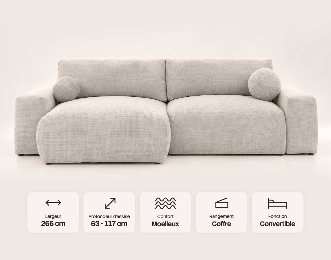 Canapé CONSTANCE d'angle réversible 4 places convertible avec coffre en velours texturé | Best Mobilier
