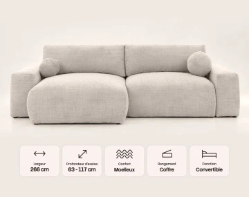 Canapé CONSTANCE d'angle réversible 4 places convertible avec coffre en velours texturé | Best Mobilier