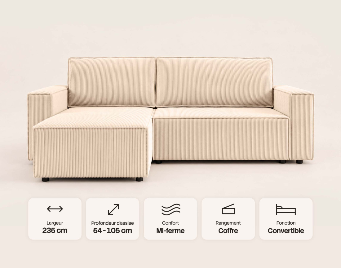 Canapé HECTOR d'angle réversible 4 places convertible avec coffre en velours côtelé | Best Mobilier