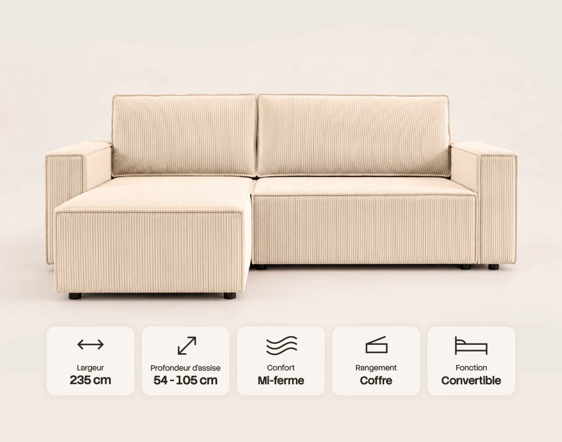 Canapé HECTOR d'angle réversible 4 places convertible avec coffre en velours côtelé | Best Mobilier