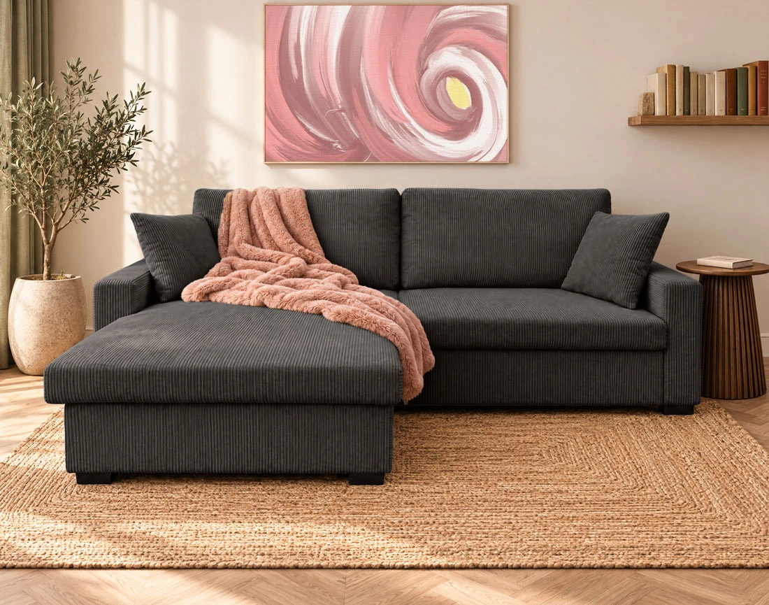 Canapé GISELE d'angle réversible 4 places convertible avec coffre en velours côtelé | Best Mobilier