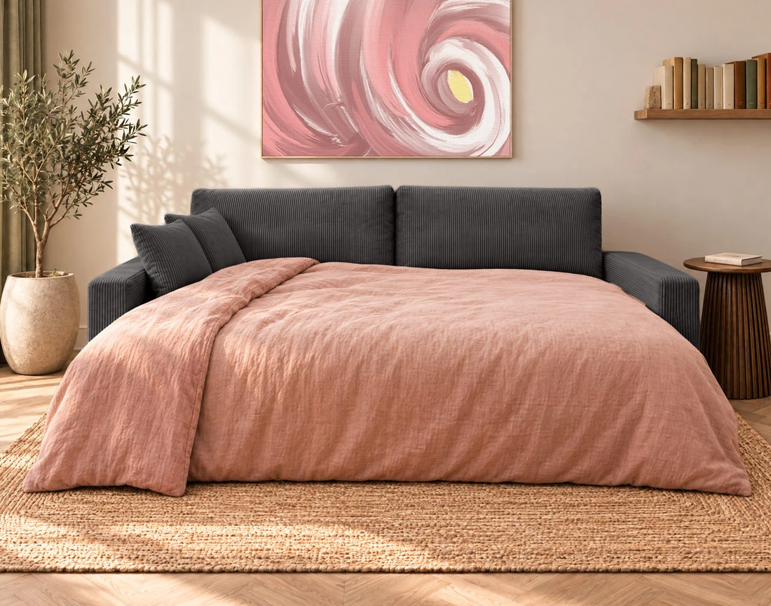 Canapé GISELE d'angle réversible 4 places convertible avec coffre en velours côtelé | Best Mobilier