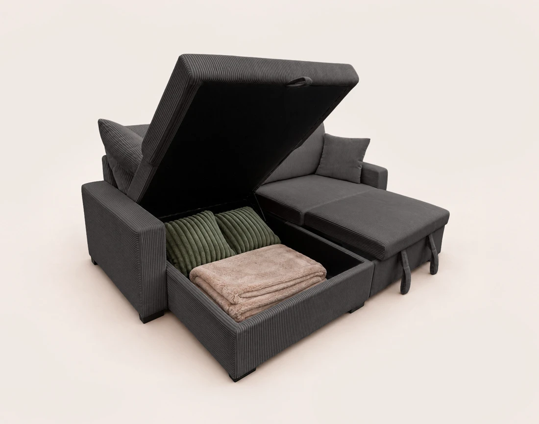 Canapé GISELE d'angle réversible 4 places convertible avec coffre en velours côtelé | Best Mobilier