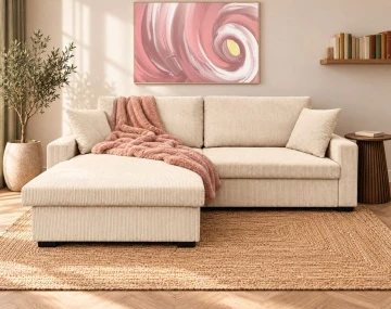 Canapé GISELE d'angle réversible 4 places convertible avec coffre en velours côtelé | Best Mobilier