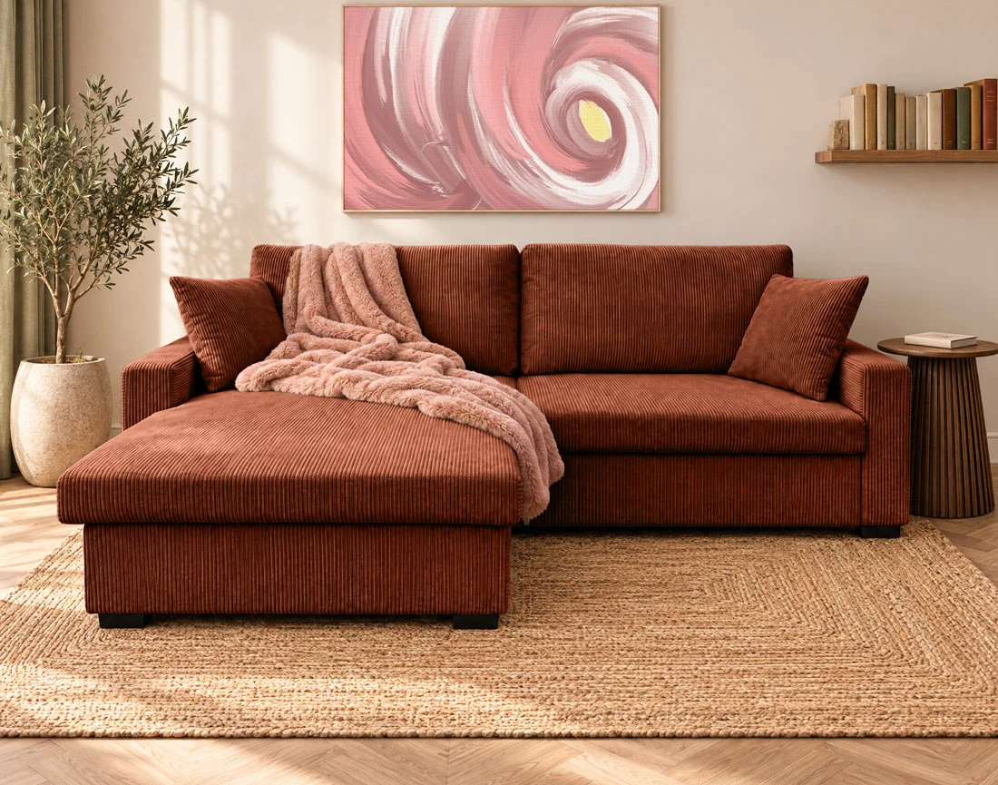 Canapé GISELE d'angle réversible 4 places convertible avec coffre en velours côtelé | Best Mobilier