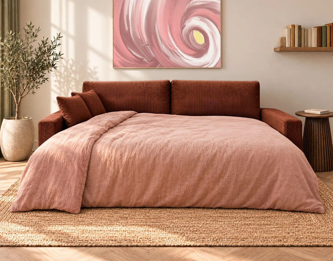 Canapé GISELE d'angle réversible 4 places convertible avec coffre en velours côtelé | Best Mobilier