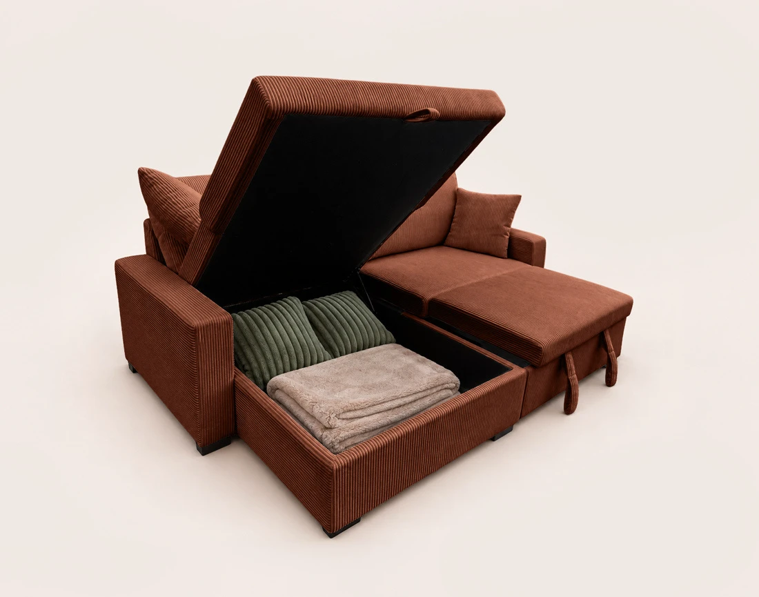 Canapé GISELE d'angle réversible 4 places convertible avec coffre en velours côtelé | Best Mobilier