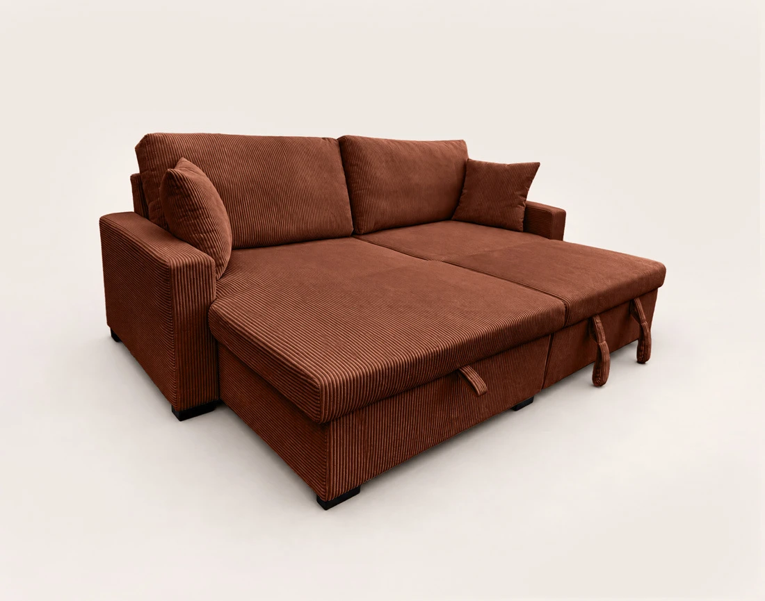 Canapé GISELE d'angle réversible 4 places convertible avec coffre en velours côtelé | Best Mobilier