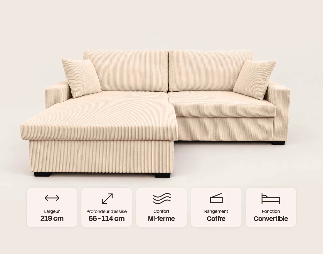 Canapé GISELE d'angle réversible 4 places convertible avec coffre en velours côtelé | Best Mobilier