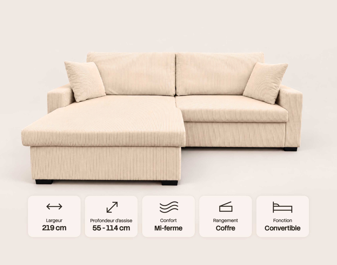 Canapé GISELE d'angle réversible 4 places convertible avec coffre en velours côtelé | Best Mobilier