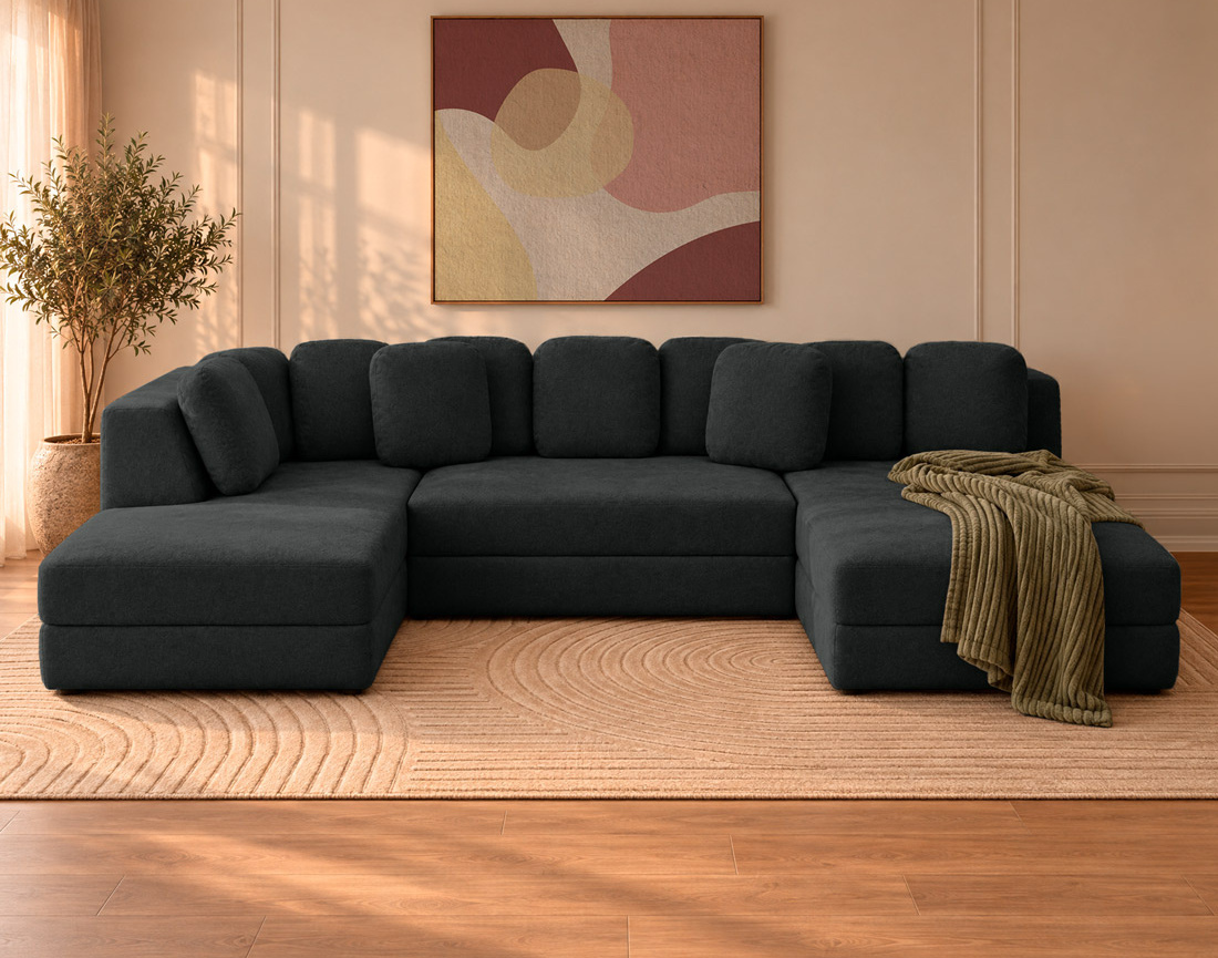 Canapé AARON panoramique en U 7 places convertible avec coffre en tissu | Best Mobilier