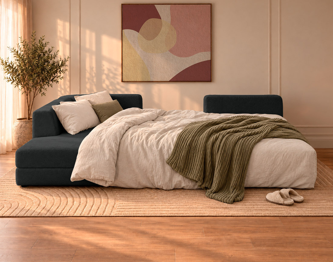 Canapé AARON panoramique d'angle gauche 7 places convertible avec coffre en tissu | Best Mobilier
