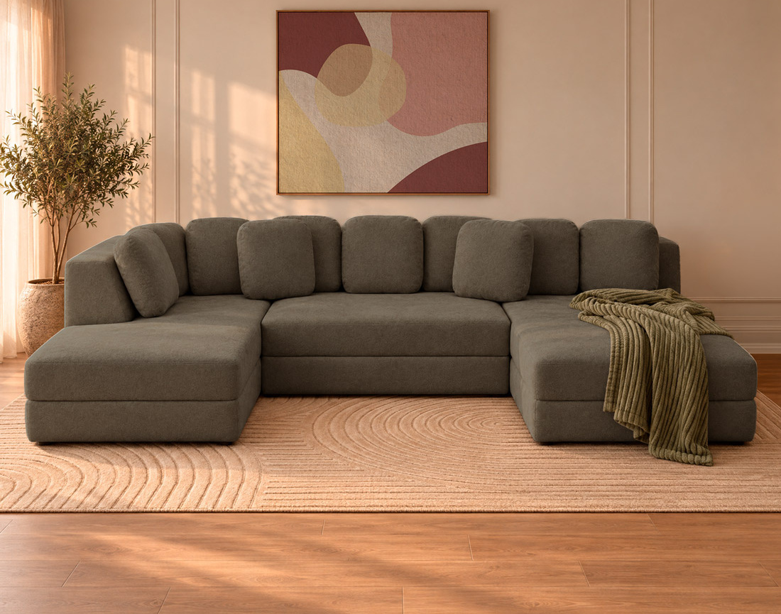 Canapé AARON panoramique d'angle gauche 7 places convertible avec coffre en tissu | Best Mobilier
