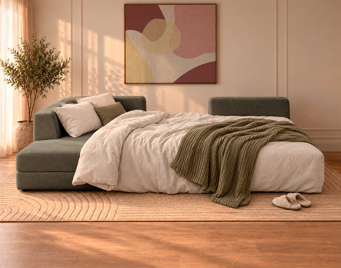 Canapé AARON panoramique en U 7 places convertible avec coffre en tissu | Best Mobilier
