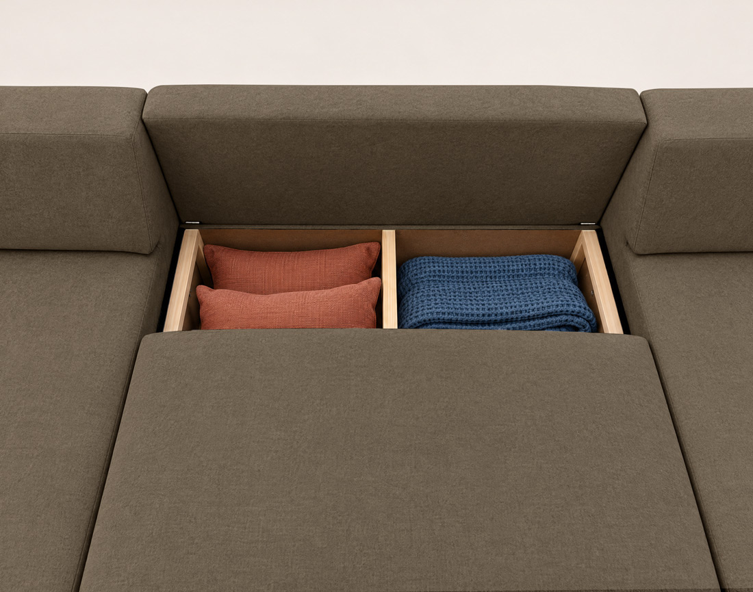 Canapé AARON panoramique d'angle gauche 7 places convertible avec coffre en tissu | Best Mobilier