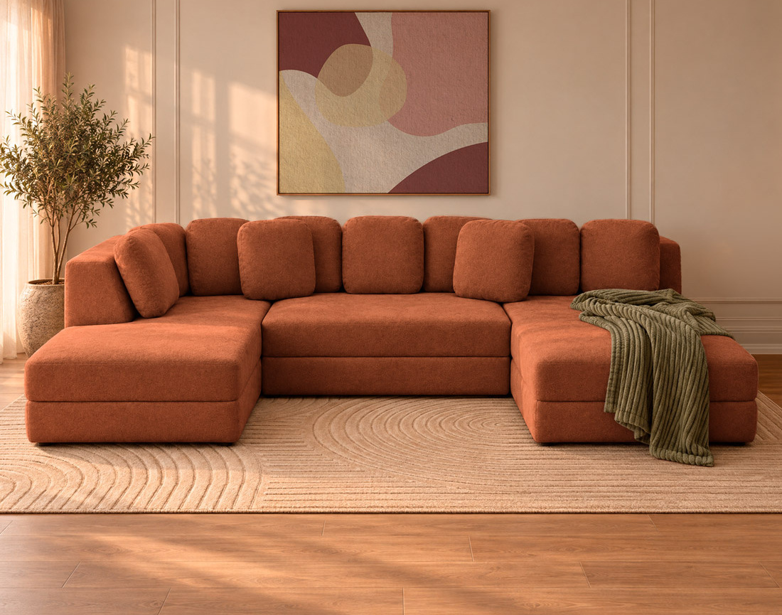 Canapé AARON panoramique d'angle gauche 7 places convertible avec coffre en tissu | Best Mobilier