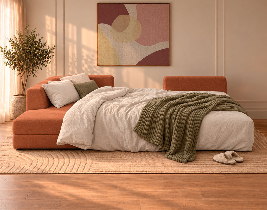 Canapé AARON panoramique d'angle gauche 7 places convertible avec coffre en tissu | Best Mobilier