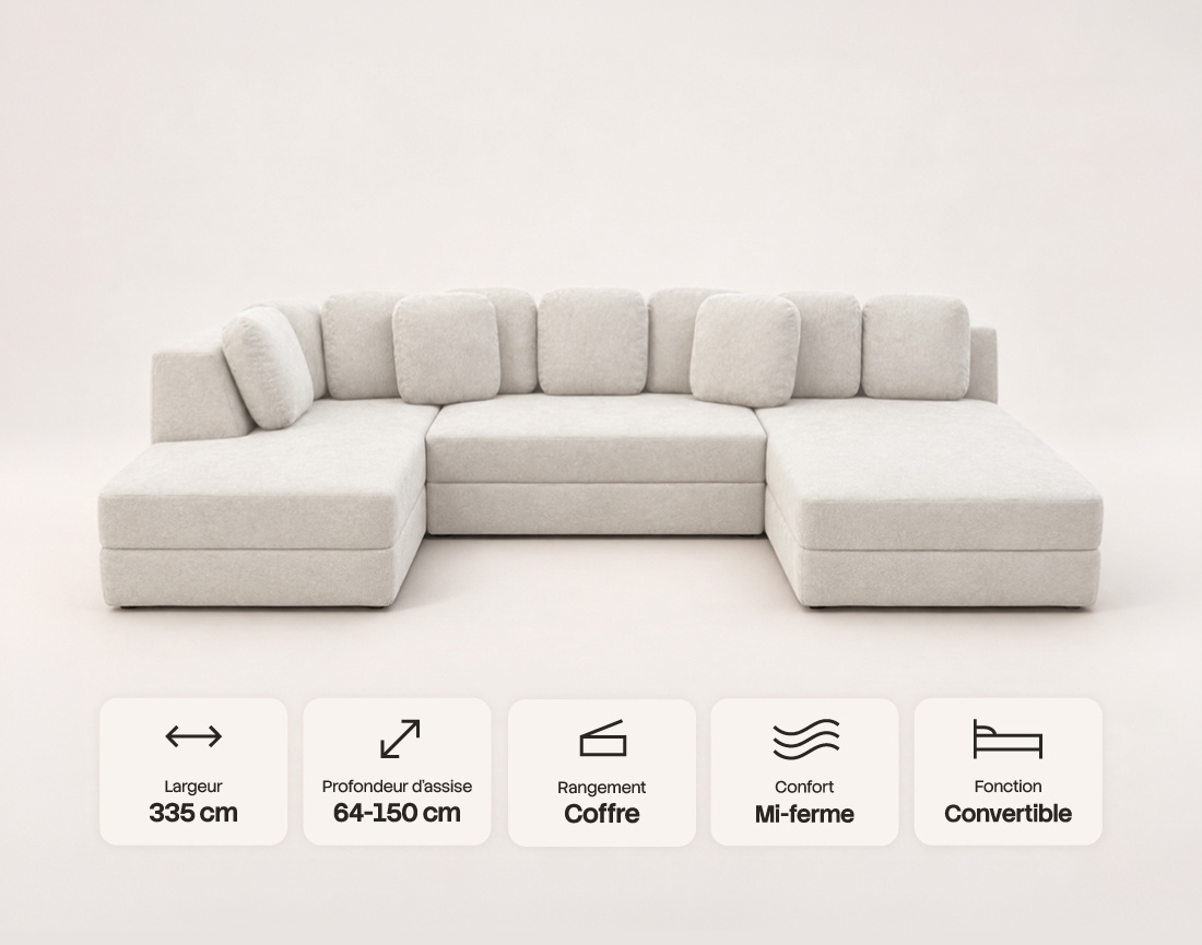 Canapé AARON panoramique en U 7 places convertible avec coffre en tissu | Best Mobilier