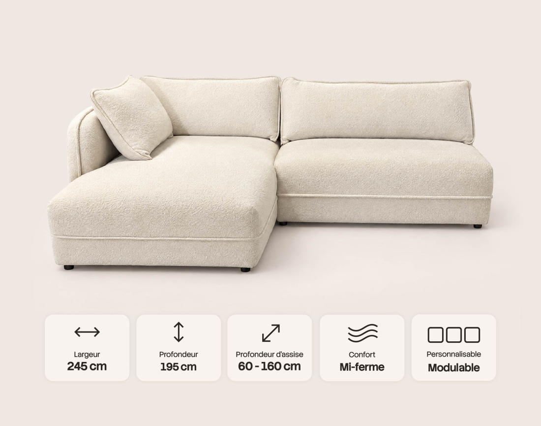 Canapé LUCIEN d'angle gauche 5 places en tissu bouclette | Best Mobilier