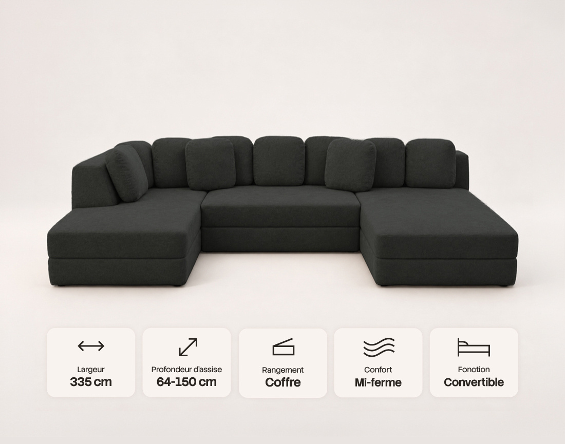 Canapé AARON panoramique d'angle gauche 7 places convertible avec coffre en tissu | Best Mobilier