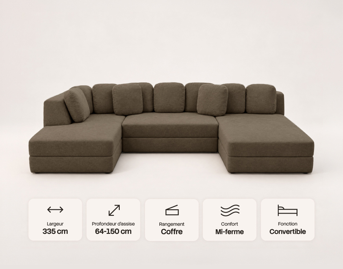 Canapé AARON panoramique d'angle gauche 7 places convertible avec coffre en tissu | Best Mobilier