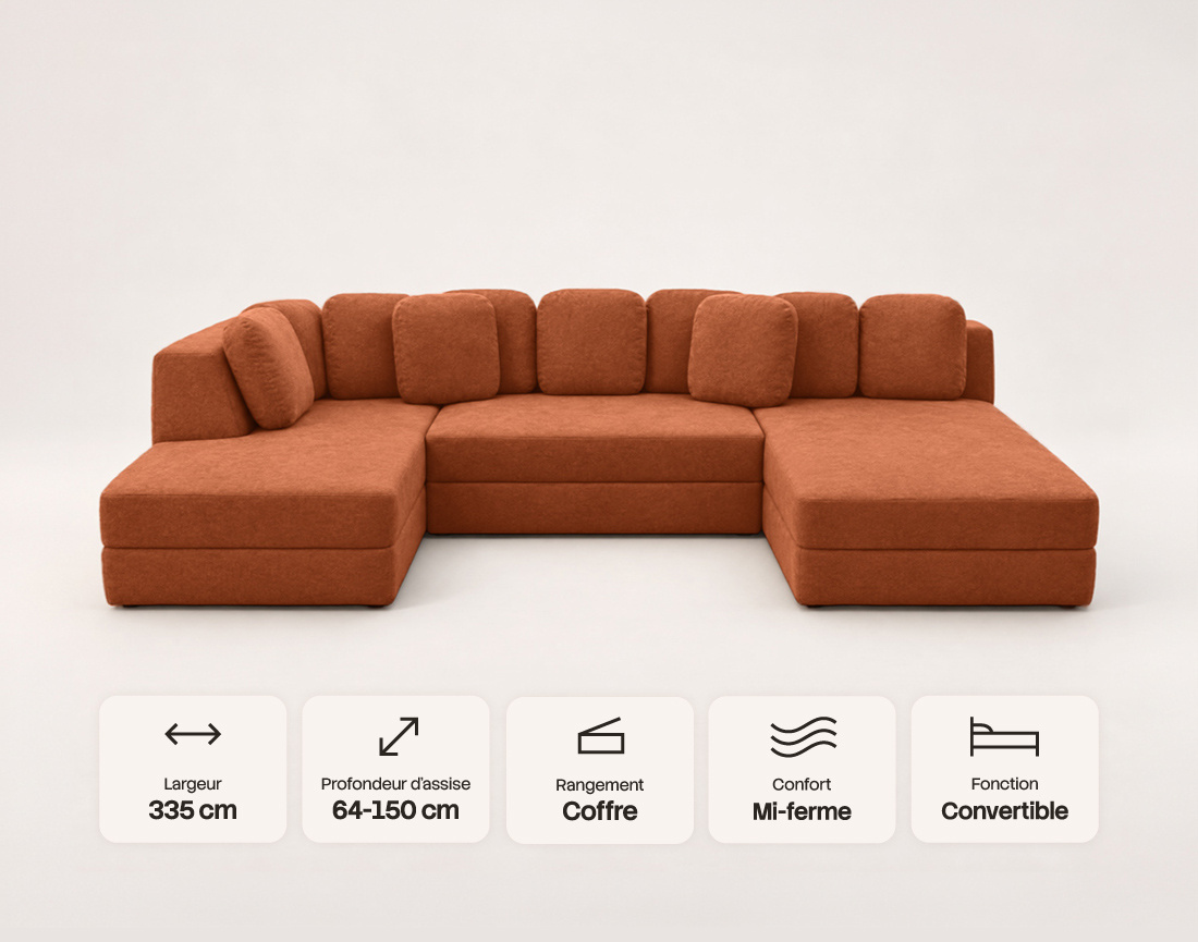 Canapé AARON panoramique d'angle gauche 7 places convertible avec coffre en tissu | Best Mobilier
