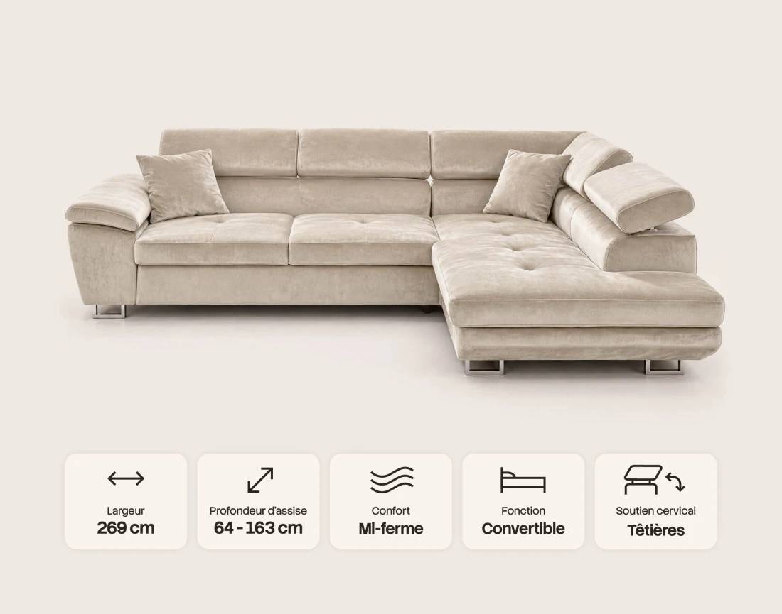 Canapé d'angle droit 5 places convertible avec coffre et têtières réglables en velours Dimas