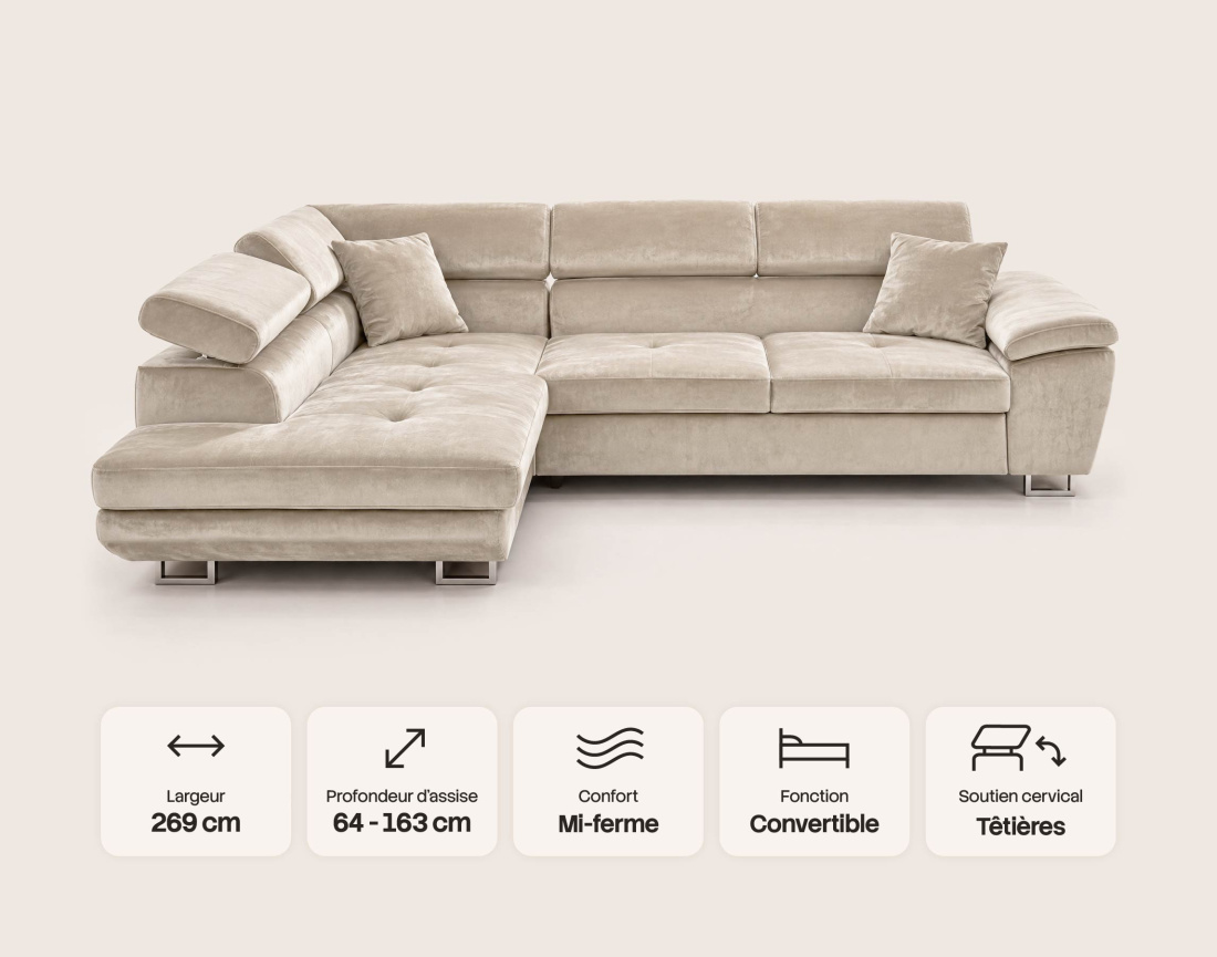 Canapé d'angle gauche 5 places convertible avec coffre et têtières réglables en velours Dimas