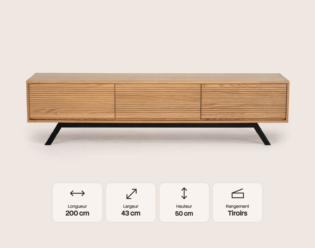 Meuble TV ZAPALLAR bois et noir 3 tiroirs 200 cm | Best Mobilier