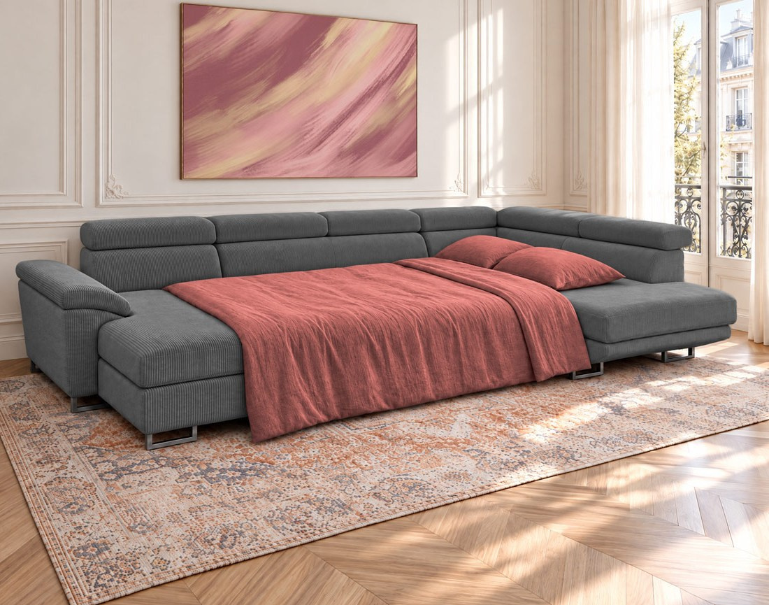 Canapé BAOJI panoramique d'angle droit 7 places convertible avec têtières et coffre en velours côtelé | Best Mobilier